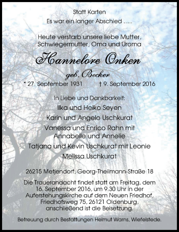 Traueranzeige von Hannelore Onken von Nordwest-Zeitung