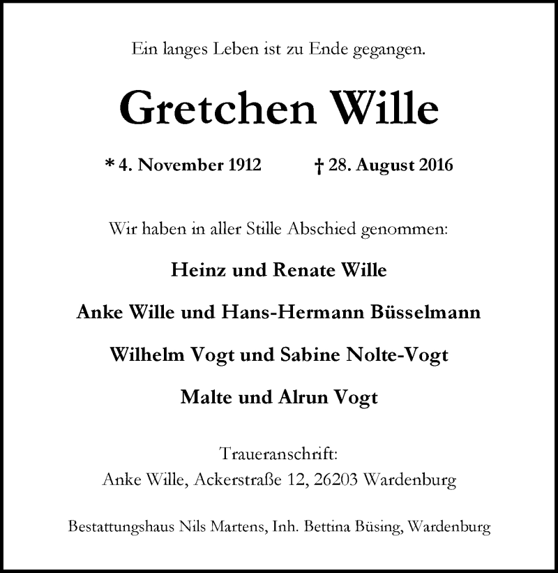  Traueranzeige für Gretchen Wille vom 09.09.2016 aus Nordwest-Zeitung