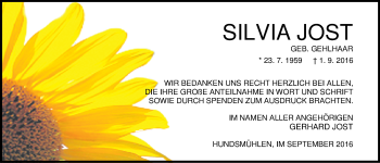 Traueranzeige von Silvia Jost von Nordwest-Zeitung