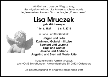 Traueranzeige von Lisa Mruczek von Nordwest-Zeitung