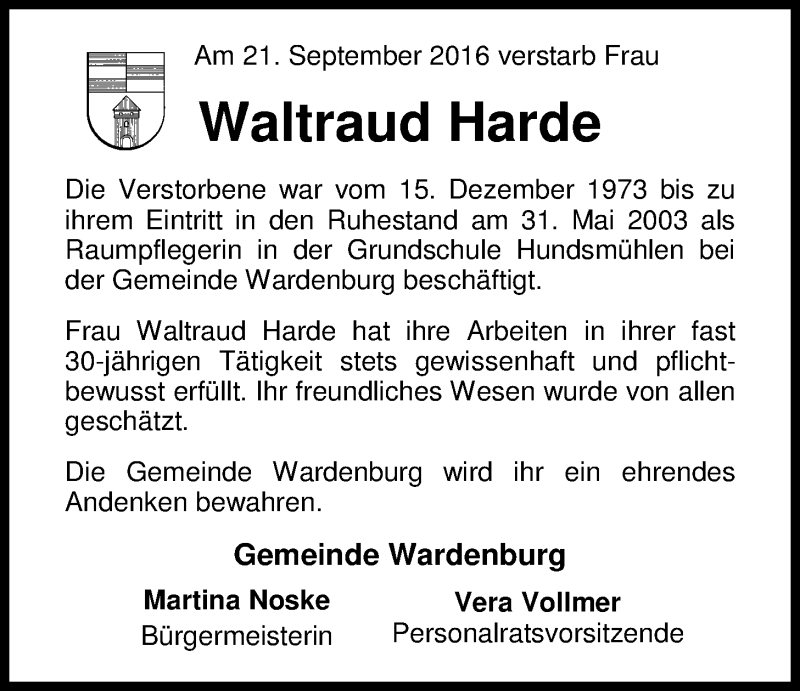  Traueranzeige für Waltraud Harde vom 24.09.2016 aus Nordwest-Zeitung