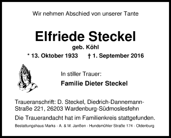 Traueranzeige von Elfriede Steckel von Nordwest-Zeitung
