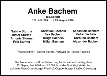 Traueranzeige von Anke Bachem von Nordwest-Zeitung