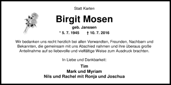 Traueranzeige von Birgit Mosen von Nordwest-Zeitung