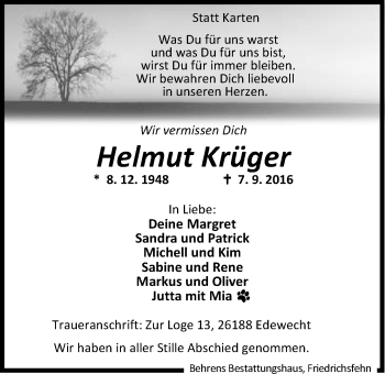Traueranzeige von Helmut Krüger von Nordwest-Zeitung