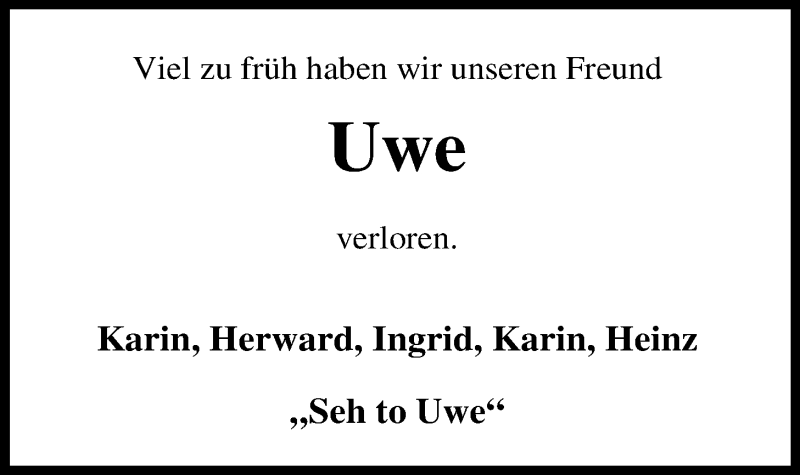  Traueranzeige für Uwe Janßen vom 15.09.2016 aus Nordwest-Zeitung