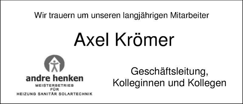  Traueranzeige für Axel Krömer vom 15.09.2016 aus Nordwest-Zeitung