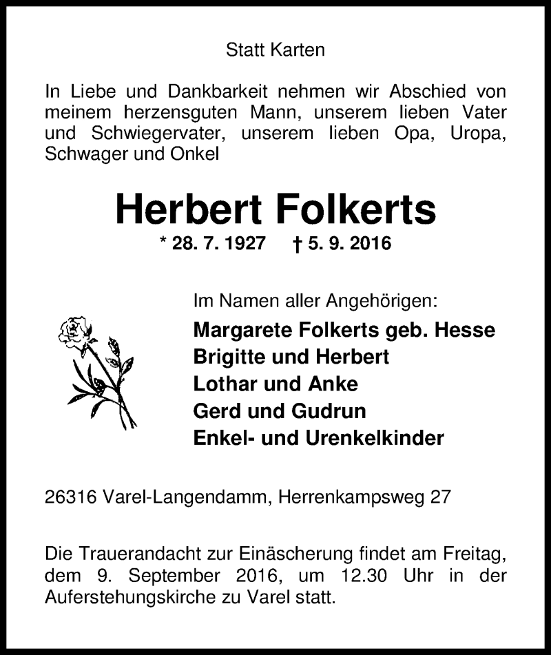  Traueranzeige für Herbert Folkerts vom 07.09.2016 aus Nordwest-Zeitung