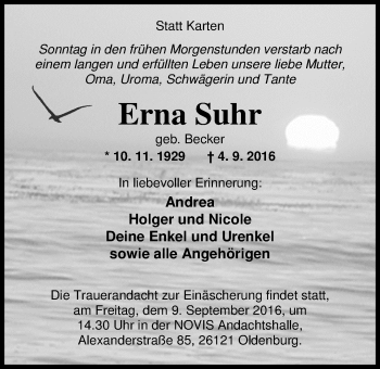 Traueranzeige von Erna Suhr von Nordwest-Zeitung