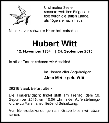 Traueranzeige von Hubert Witt von Nordwest-Zeitung