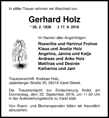 Traueranzeige von Gerhard Holz von Nordwest-Zeitung