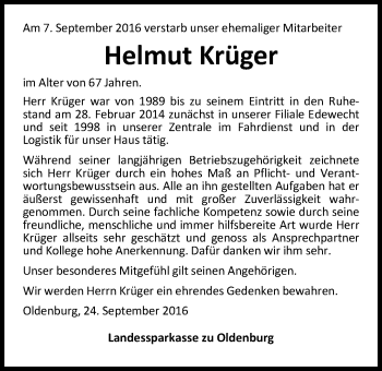 Traueranzeige von Helmut Krüger von Nordwest-Zeitung