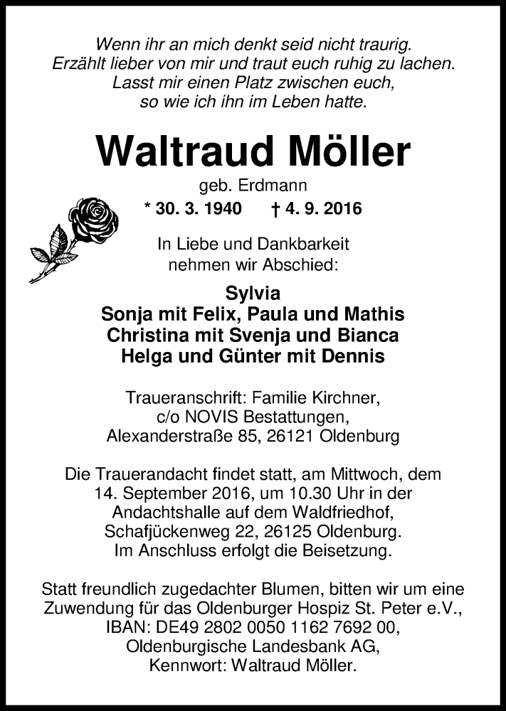  Traueranzeige für Waltraud Möller vom 10.09.2016 aus Nordwest-Zeitung