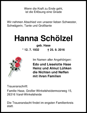 Traueranzeige von Hanna Schölzel von Nordwest-Zeitung