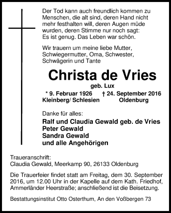 Traueranzeige von Christa  de Vries von Nordwest-Zeitung
