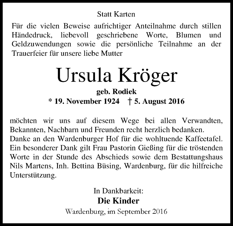  Traueranzeige für Ursula Kröger vom 17.09.2016 aus Nordwest-Zeitung