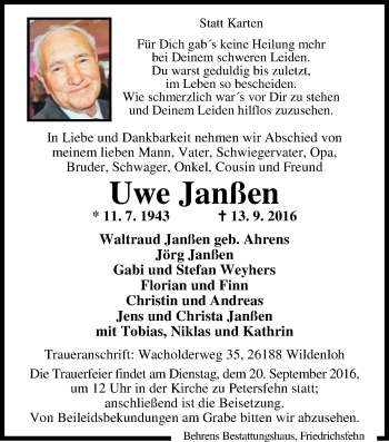 Traueranzeige von Uwe Janßen von Nordwest-Zeitung