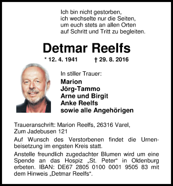 Traueranzeige von Detmar Reelfs von Nordwest-Zeitung