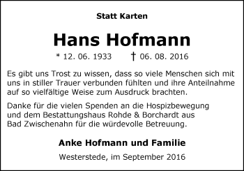 Traueranzeige von Hans Hofmann von Nordwest-Zeitung