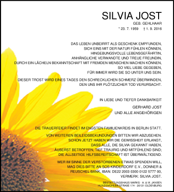 Traueranzeige von Silvia Jost von Nordwest-Zeitung