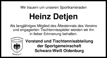 Traueranzeige von Heinz Detjen von Nordwest-Zeitung