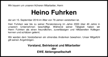 Traueranzeige von Heino Fuhrken von Nordwest-Zeitung
