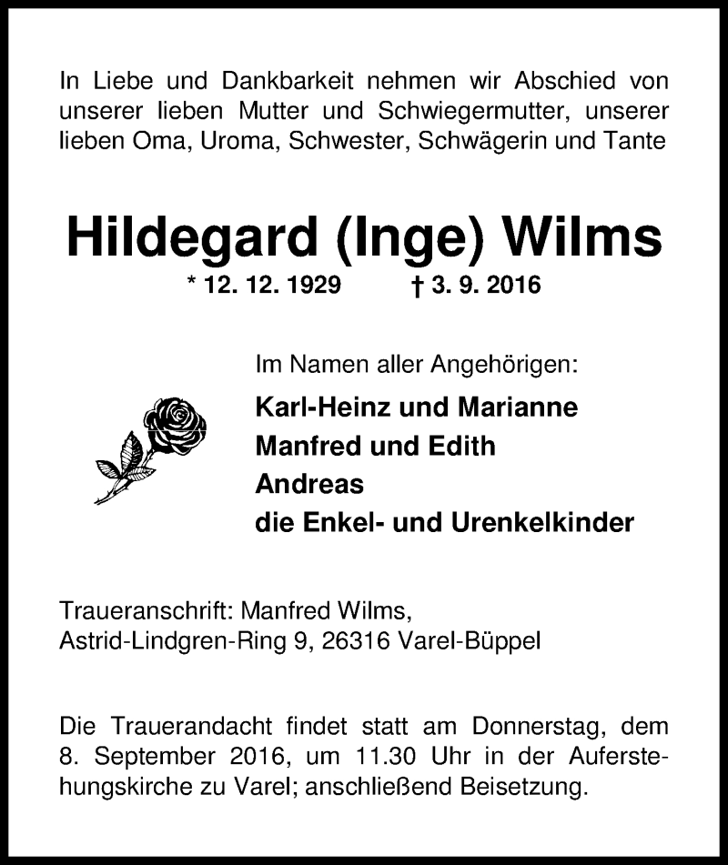  Traueranzeige für Hildegard Wilms vom 06.09.2016 aus Nordwest-Zeitung