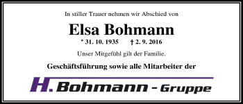 Traueranzeige von Elsa Bohmann von Nordwest-Zeitung