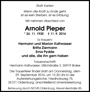 Traueranzeige von Arnold Pieper von Nordwest-Zeitung