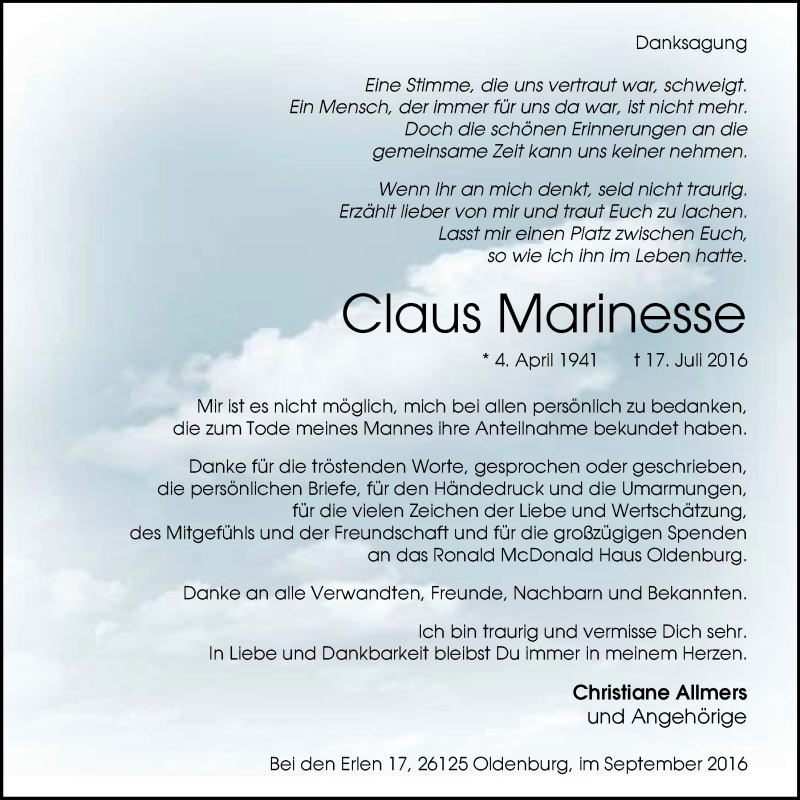  Traueranzeige für Claus Marinesse vom 03.09.2016 aus Nordwest-Zeitung