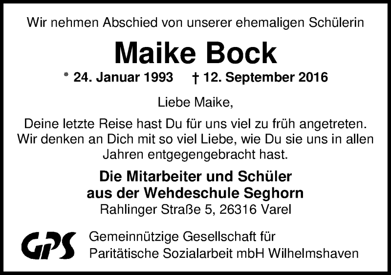  Traueranzeige für Maike Bock vom 20.09.2016 aus Nordwest-Zeitung