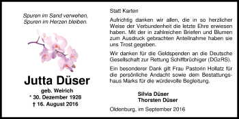 Traueranzeige von Jutta Düser von Nordwest-Zeitung