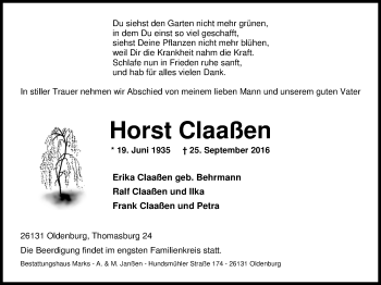 Traueranzeige von Horst Claaßen von Nordwest-Zeitung