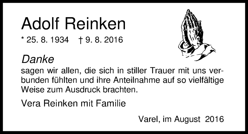  Traueranzeige für Adolf Reinken vom 10.09.2016 aus Nordwest-Zeitung