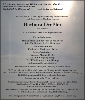 Traueranzeige von Barbara Dreßler von Nordwest-Zeitung