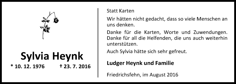  Traueranzeige für Sylvia Heynk vom 01.09.2016 aus Nordwest-Zeitung