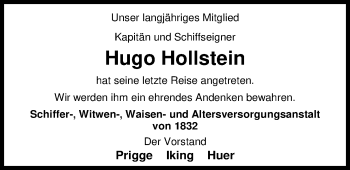 Traueranzeige von Hugo Hollstein von Nordwest-Zeitung