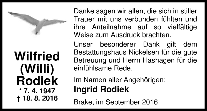  Traueranzeige für Wilfried Rodiek vom 09.09.2016 aus Nordwest-Zeitung