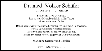 Traueranzeige von Dr. Volker Schäfer von Nordwest-Zeitung