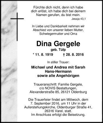 Traueranzeige von Dina Gergele von Nordwest-Zeitung