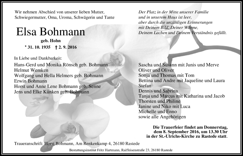  Traueranzeige für Elsa Bohmann vom 05.09.2016 aus Nordwest-Zeitung