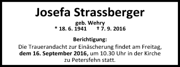 Traueranzeige von Josefa Strassberger von Nordwest-Zeitung