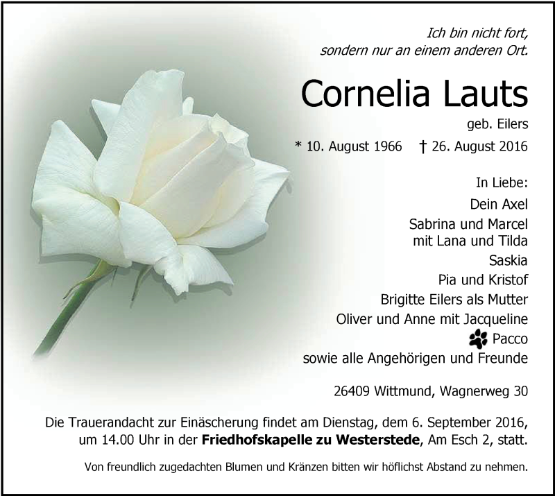  Traueranzeige für Cornelia Lauts vom 02.09.2016 aus Nordwest-Zeitung