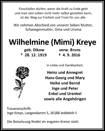Traueranzeige von Wilhelmine Kreye von Nordwest-Zeitung