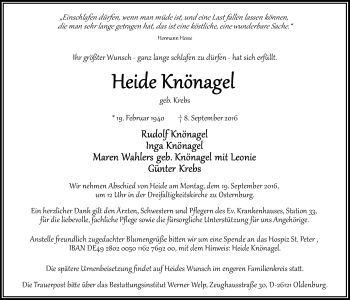 Traueranzeige von Heide Knönagel von Nordwest-Zeitung