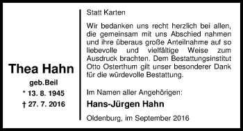 Traueranzeige von Thea Hahn von Nordwest-Zeitung