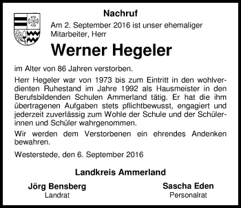 Traueranzeige von Werner Hegeler von Nordwest-Zeitung