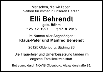 Traueranzeige von Elli Behrendt von Nordwest-Zeitung
