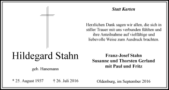 Traueranzeige von Hildegard Stahn von Nordwest-Zeitung