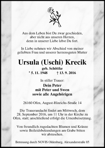 Traueranzeige von Ursula Krecik von Nordwest-Zeitung